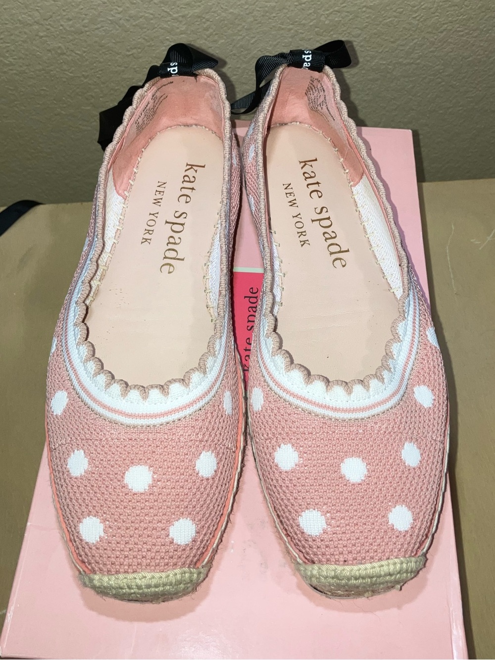 kate spade Pink and White Polka Dot Espadrille Flats with Ribbon Heel